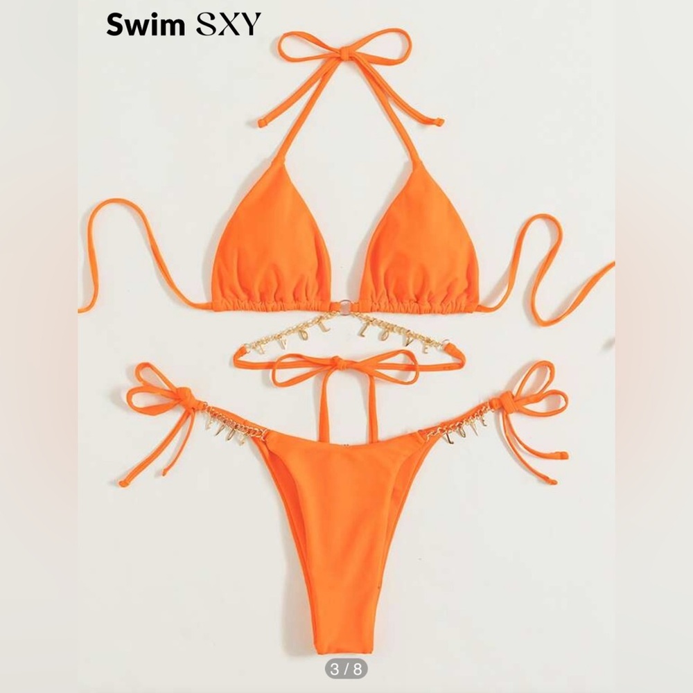SHEIN Swim SXY Summer Beach Letter Decor Chain Linked Halter Bikini 🍊